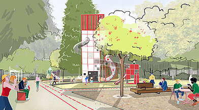 Visualisierung des künftigen Rutschenturms an der Spiellandschaft im Britzer Garten