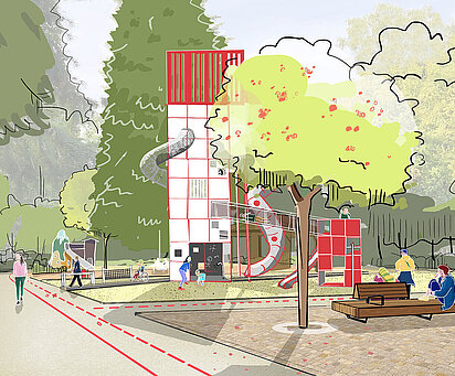 Visualisierung des künftigen Rutschenturms an der Spiellandschaft im Britzer Garten